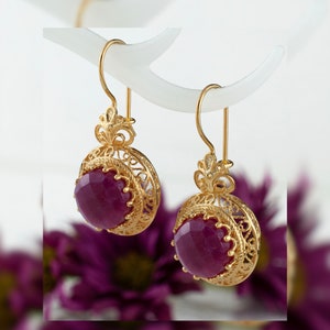 Gold Ruby Corundum Boho Silver Drop Earrings, 925 Sterling Gold Plated Red Gemstone Artisan Handcrafted Victorian Filigree Ornate Jewelry