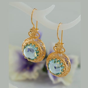 Gold Blue Topaz Vintage Silver Drop Earrings, 925 Sterling Gold Plated Blue Gemstone Artisan Handcrafted Victorian Filigree Ornate Jewelry