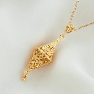 Gold Victorian Style Silver Pendant Necklace, Artisan Handmade Filigree Dome Charm Women Pendant Necklace, Gold Plated 925 Silver
