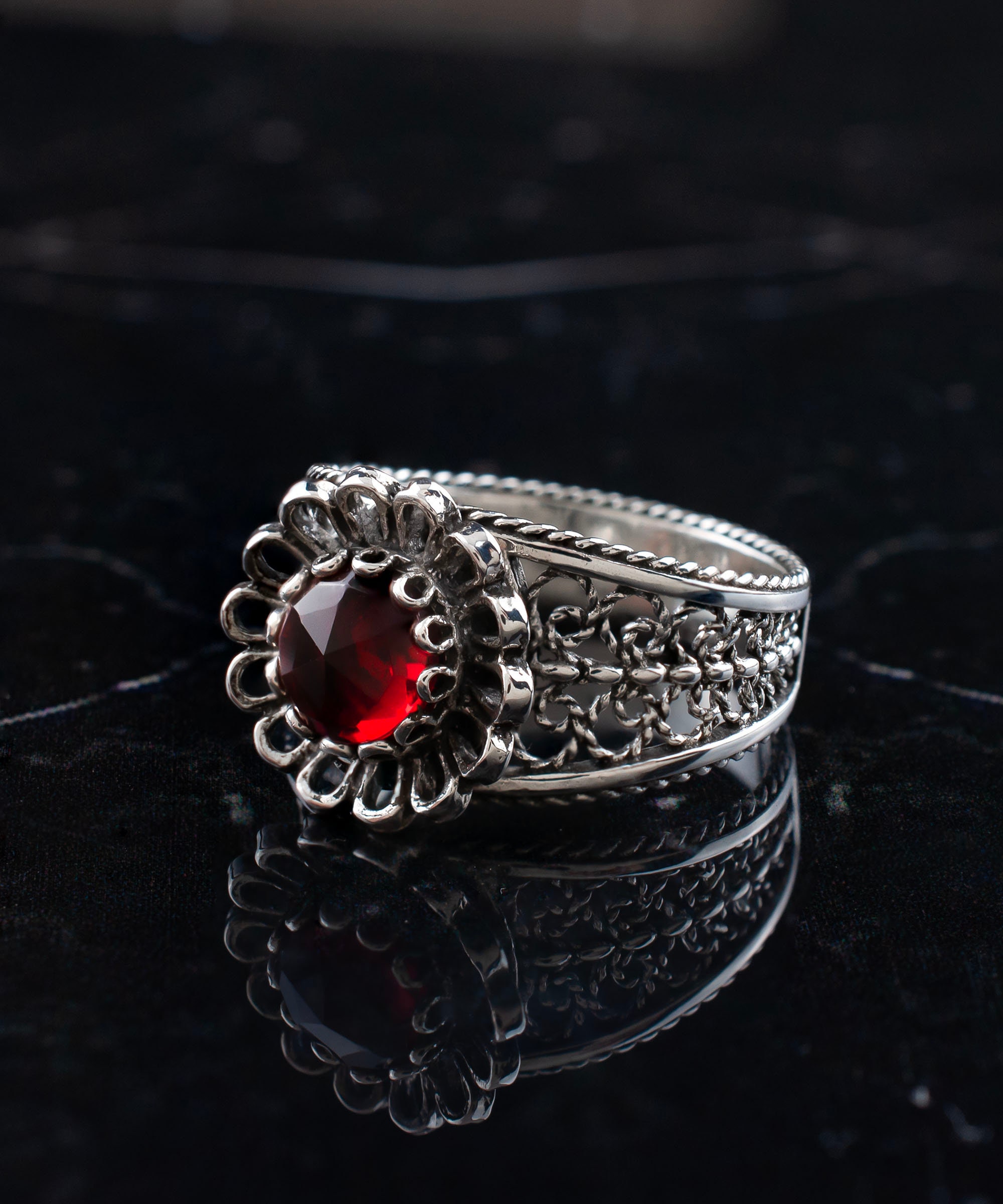 Gothic Rings Ladies Ruby Silver Filigree Daisy Boho Women Ring, 925 Sterling Silver ...
