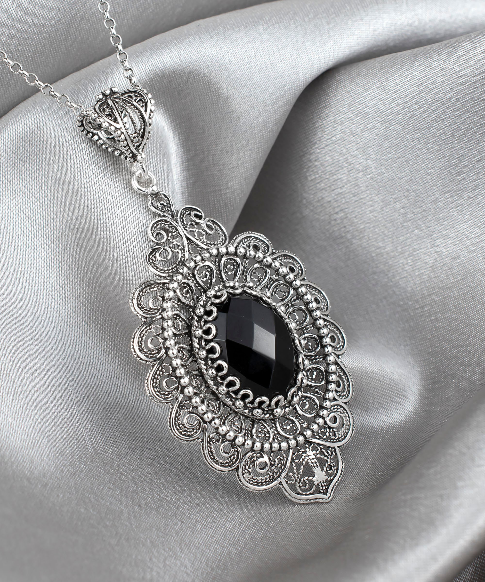 Black Onyx Silver Gothic Pendant Necklace, 925 Sterling Ornate Big