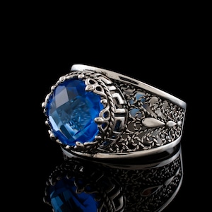 Blue Quartz Silver Meander Gothic Women Ring, Sterling Silver Artisan Made Filigree Women Greek Key Statement Ring, Ancient Greek Ring