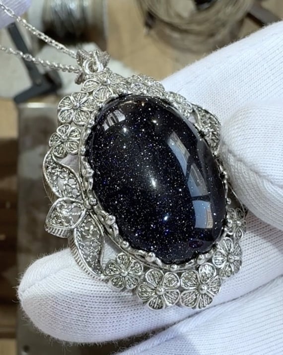 Silver Galaxy Blue Goldstone Pendant Necklace, Handmade