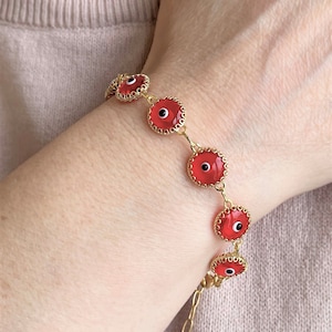 Gold Plated Silver Red Evil Eye Boho Luck Bracelet, Good Luck Charm, Transparent Red Murano Glass Beads, Gold Filled Protection Bracelet