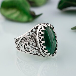 Malachite Silver Statement Ring 925 Sterling Silver Artisan Made Handcrafted Boho Filigree Cocktail Ring Handmade Women Jewelry