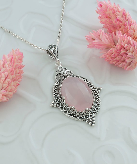 Rose Quartz Silver Victorian Pendant Necklace, 925 Sterling Silver