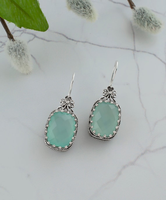 Filagree Earrings in Silver/Aqua Chalcedony Filagree Earrings in Silver/Aqua Chalcedony