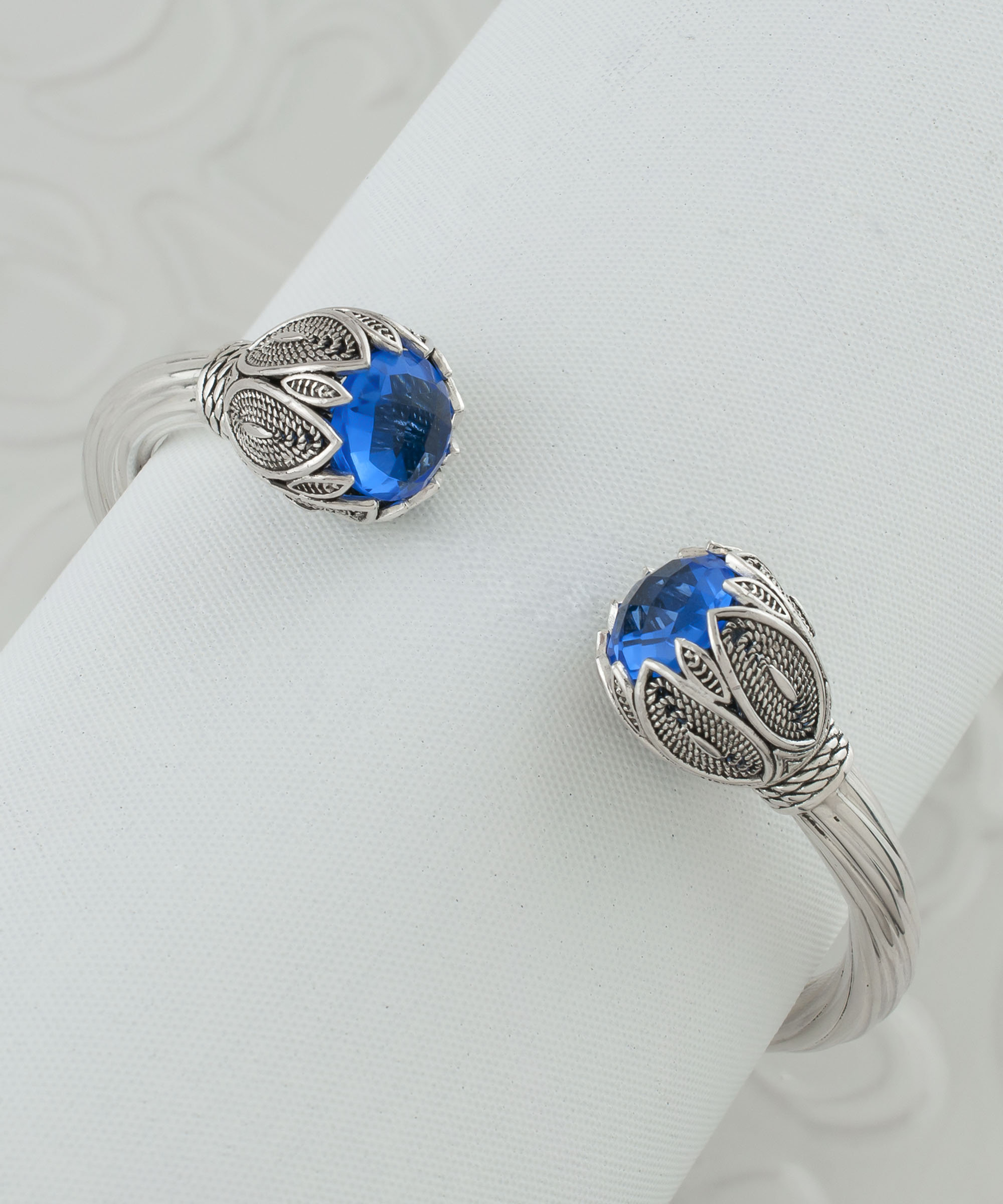 Blue Quartz Silver Floral Bangle Cuff Bracelet, 925 Sterling