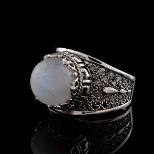 Rainbow Moonstone Silver Mystical Boho Ring, Sterling Silver Artisan Made Filigree Women Greek Key Statement Ring, Ancient Greek Ring