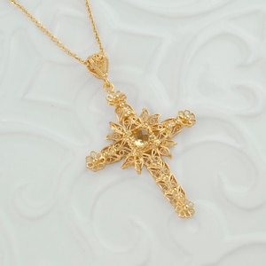 Citrine Gold Silver Holy Cross Pendant Necklace, 925 Sterling Silver Gold Plated Handmade Filigree Large Fancy Cross, Christian Cross Gifts