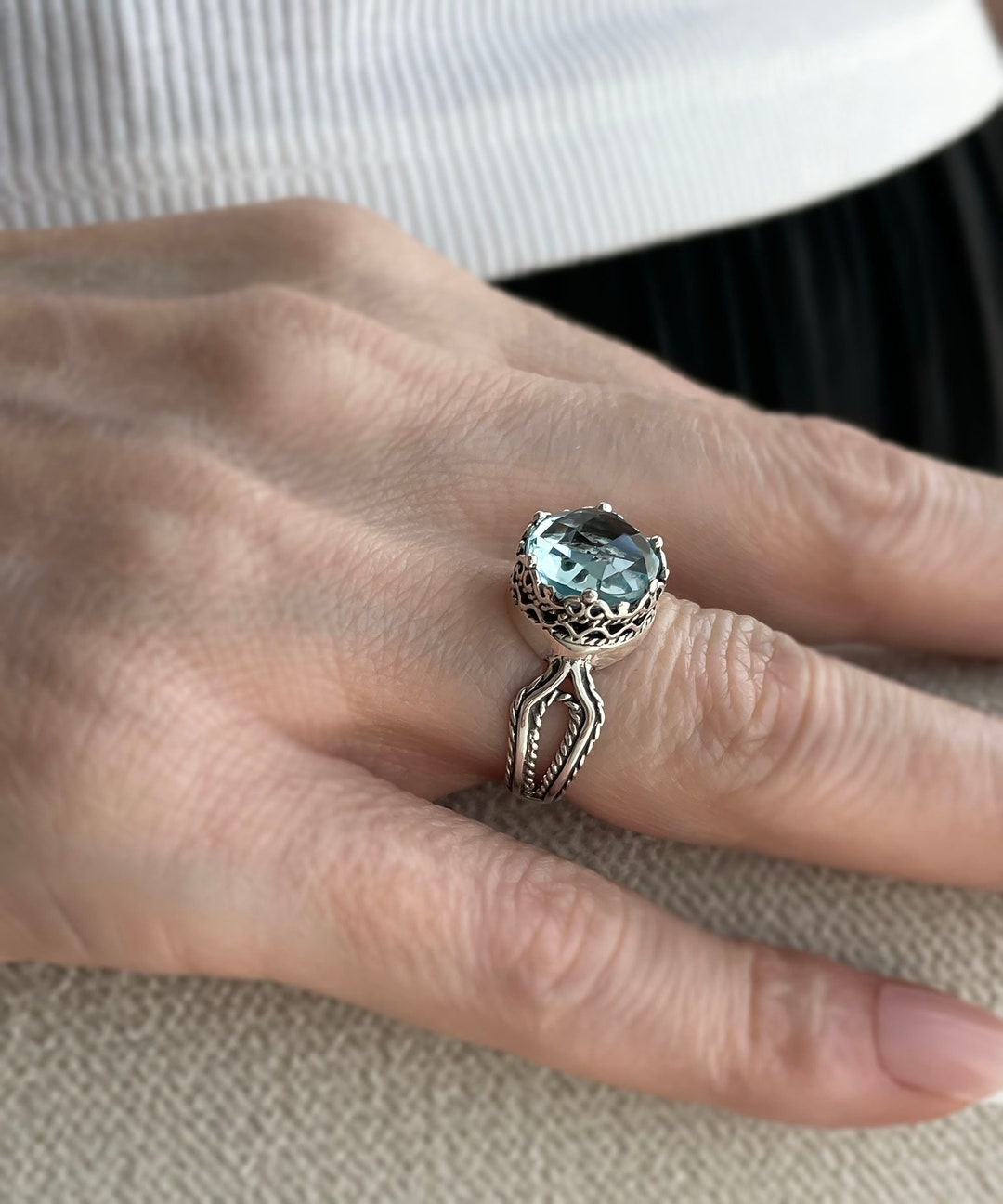 Sky Blue Topaz Silver Promise Solitaire Ring, 925 Sterling Artisan Made ...