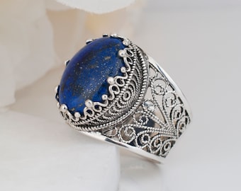 Natural Blue Lapis Lazuli Silver Ring 925 Sterling Silver Genuine Gemstone Artisan Handcrafted Filigree Oval Women Jewelry Handmade Gifts
