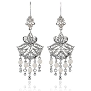 Mother of Pearl Beaded Silver Statement Fan Earrings, 925 Sterling Silver Boho Handmade Dangle Drop Chandelier Statement Fan Earrings