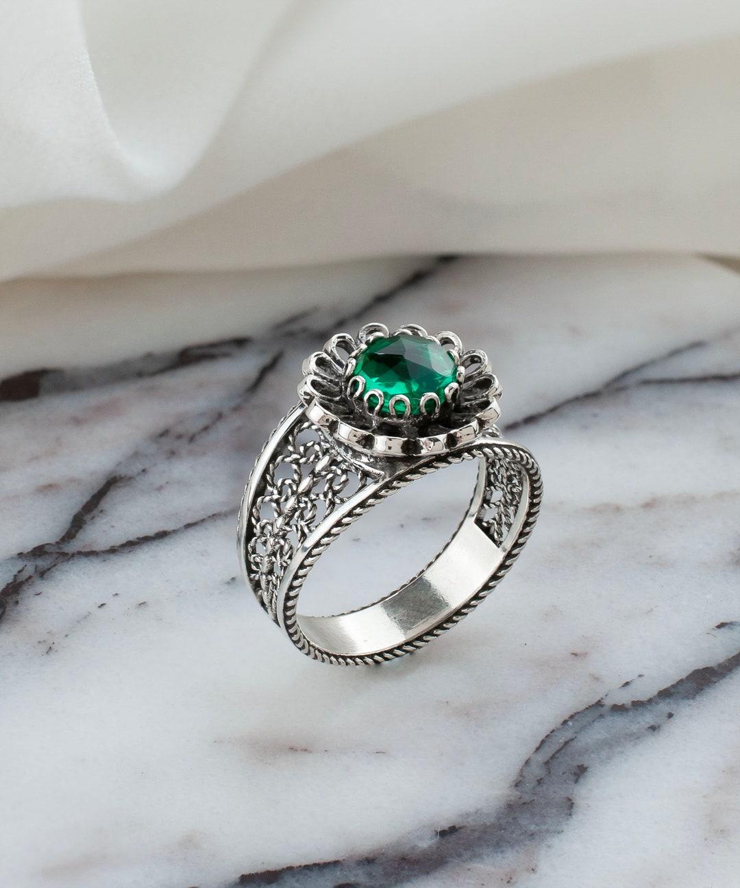 Silvershake Genuine Gemstone Flower Cluster Ring – White Gold Plated Sterling Silver With Emerald Agate & Peridot