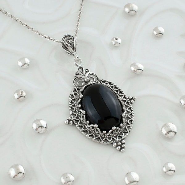 Black Onyx Silver Gothic Pendant Necklace, 925 Sterling Silver Big Stone Pendant Artisan Handmade Filigree Oval Goth Statement Pendant