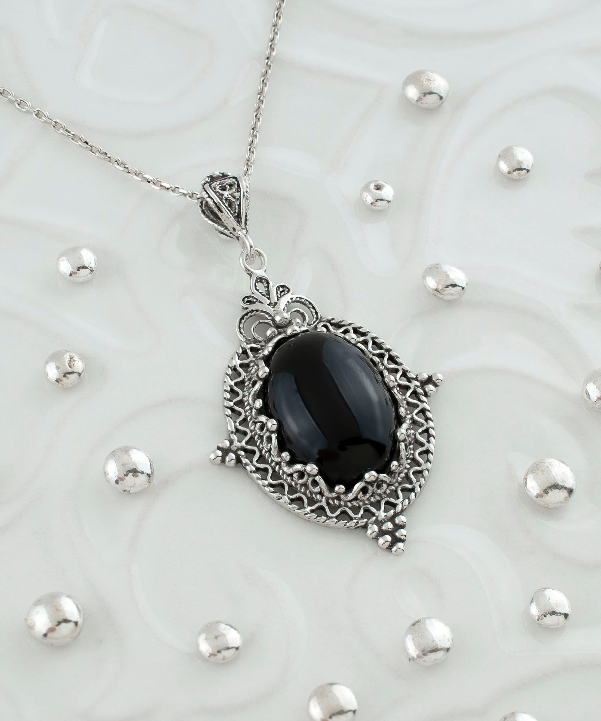 Black Onyx Silver Gothic Pendant Necklace, 925 Sterling