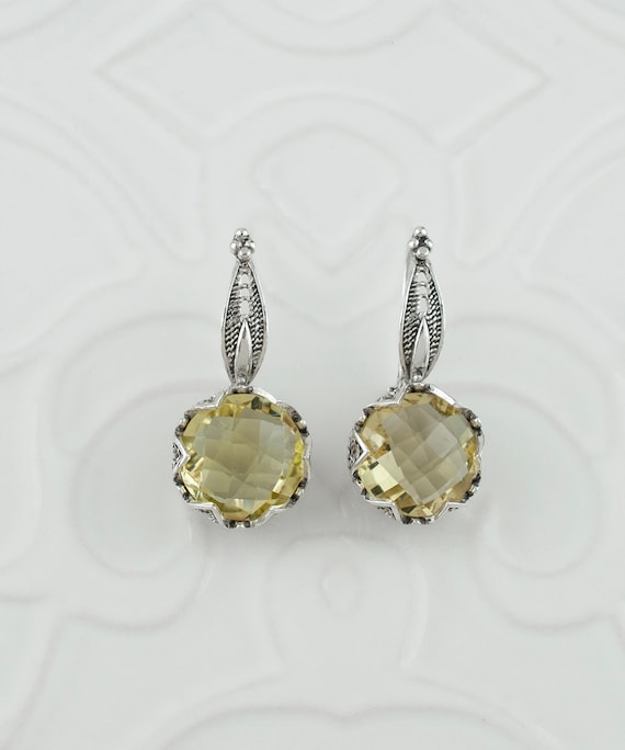 Lemon Quartz Silver Boho Women Drop Earrings, 925 Sterling Green Quartz Gemstones Handmade Filigree Daisy Flower Dangle Earrings