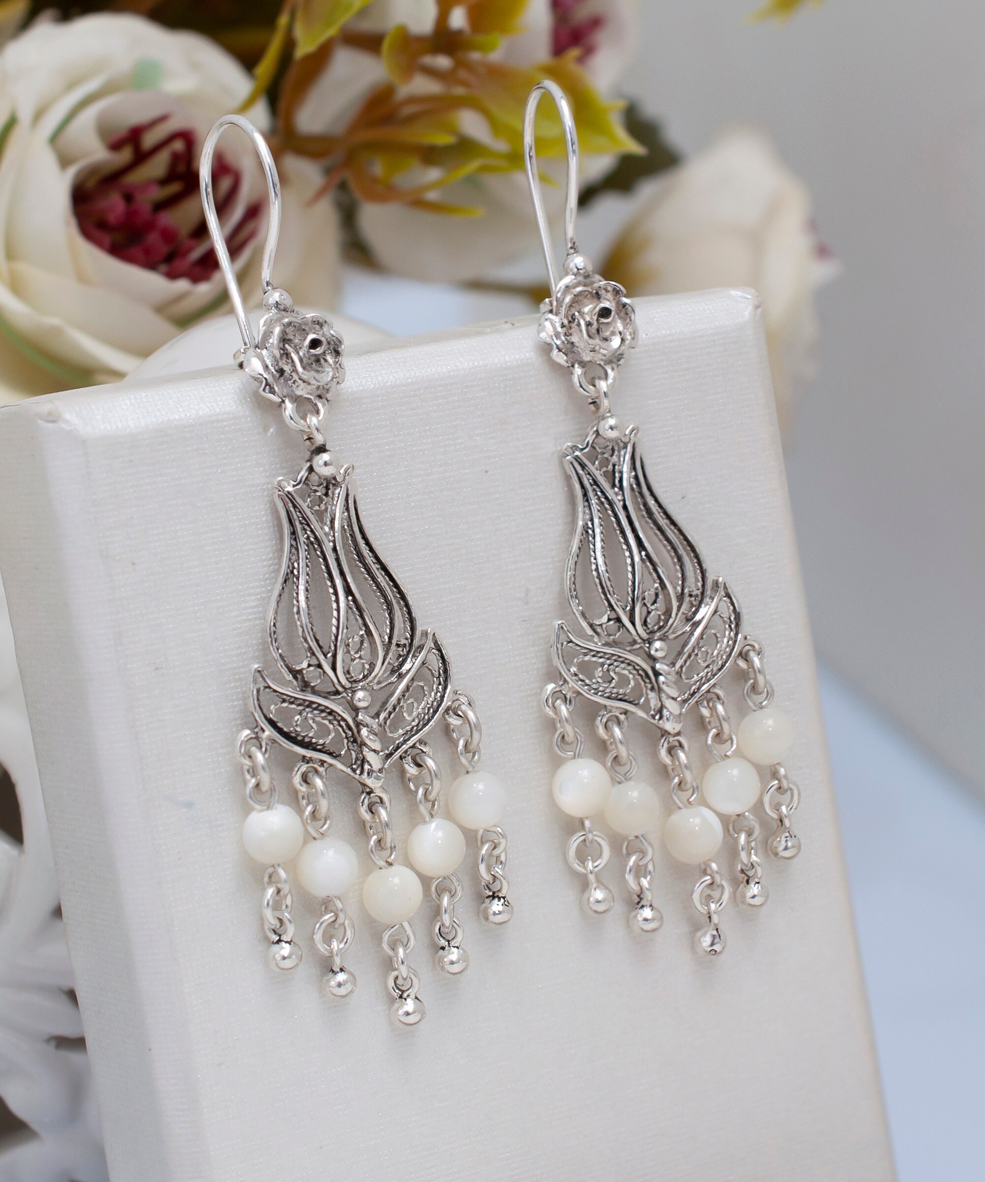 Mother of Pearl Beaded Silver Filigree Earrings, 925