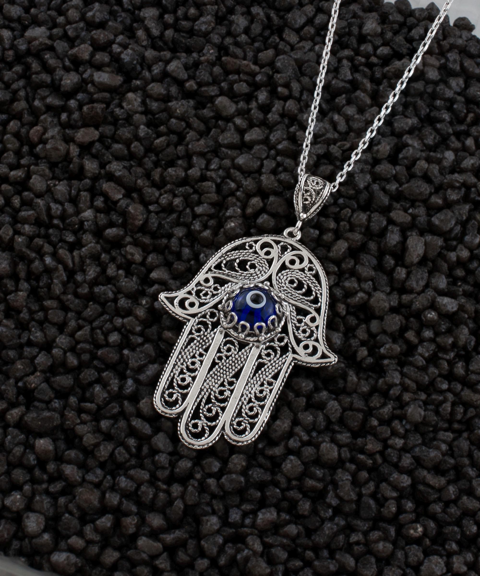 Collana Ciondolo Occhio Malocchio Hamsa Mano Di Fatima .925