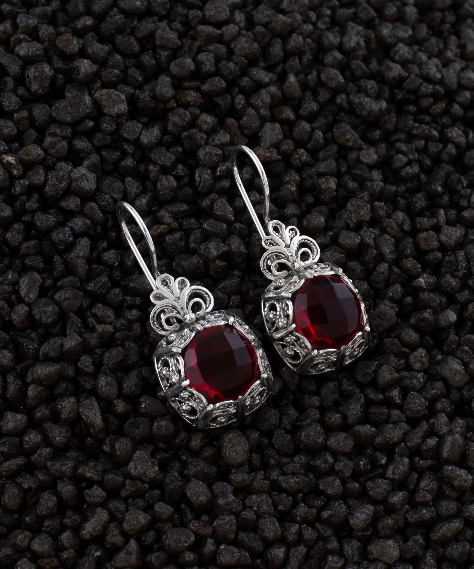 Ruby Silver Boho Floral Square Drop Earrings, 925 Sterling