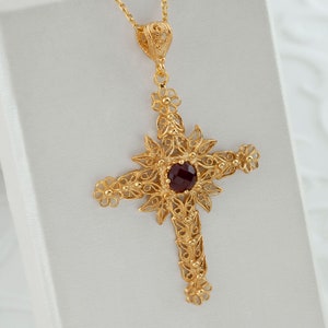 Ruby Corundum Gold Handmade Silver Cross Pendant Necklace, 925 Sterling Silver 18K Gold Plated Filigree Fancy Floral Holy Cross Jewelry image 4