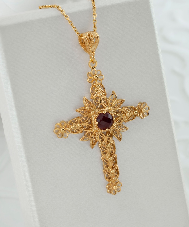 Ruby Corundum Gold Handmade Silver Cross Pendant Necklace, 925 Sterling Silver 18K Gold Plated Filigree Fancy Floral Holy Cross Jewelry image 4