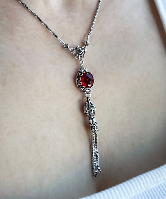 Ruby Silver Long Tassel Gothic Women Necklace, 92… - image 1