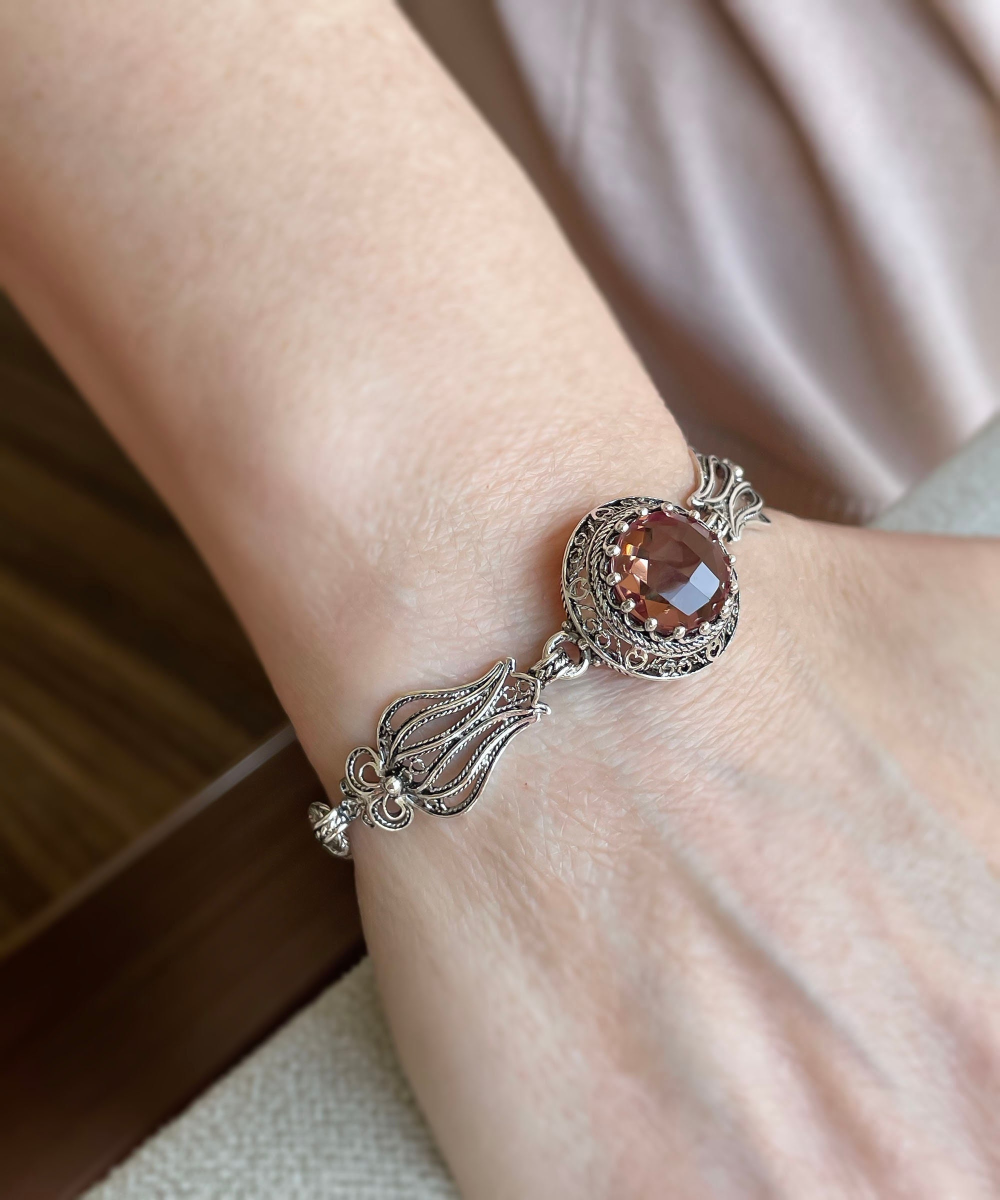 Alexandrite Silver Victorian Gothic Bracelet, 925 Sterling Silver Color Changing Gemstone Artisan Handmade Filigree Bracelet