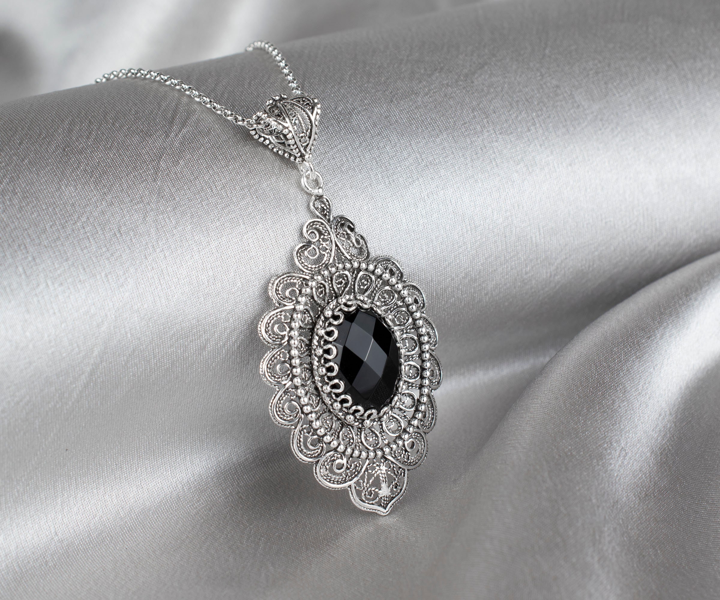 Black Onyx Silver Gothic Pendant Necklace, 925 Sterling Ornate Big 