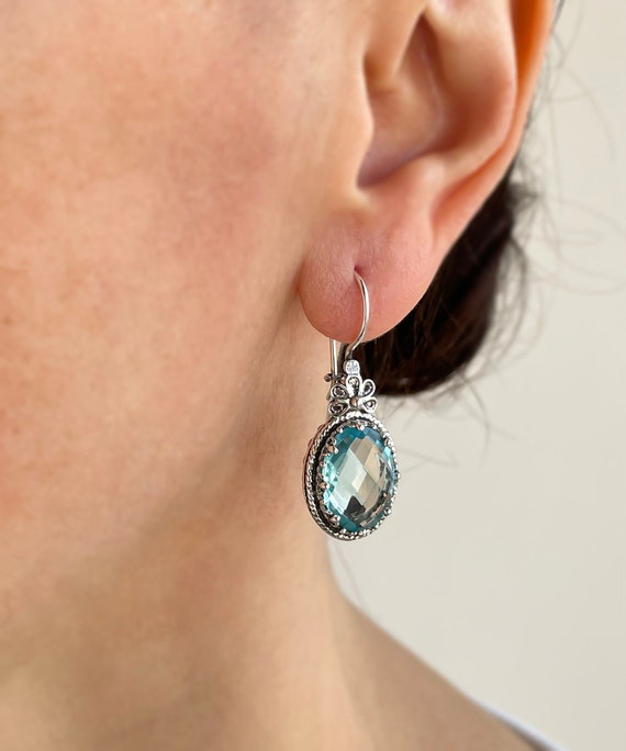 Sterling Silver Filigree Genuine Blue Topaz Oval Dangle Earrings Sterling Silver Filigree Genuine Blue Topaz Oval Dangle Earrings