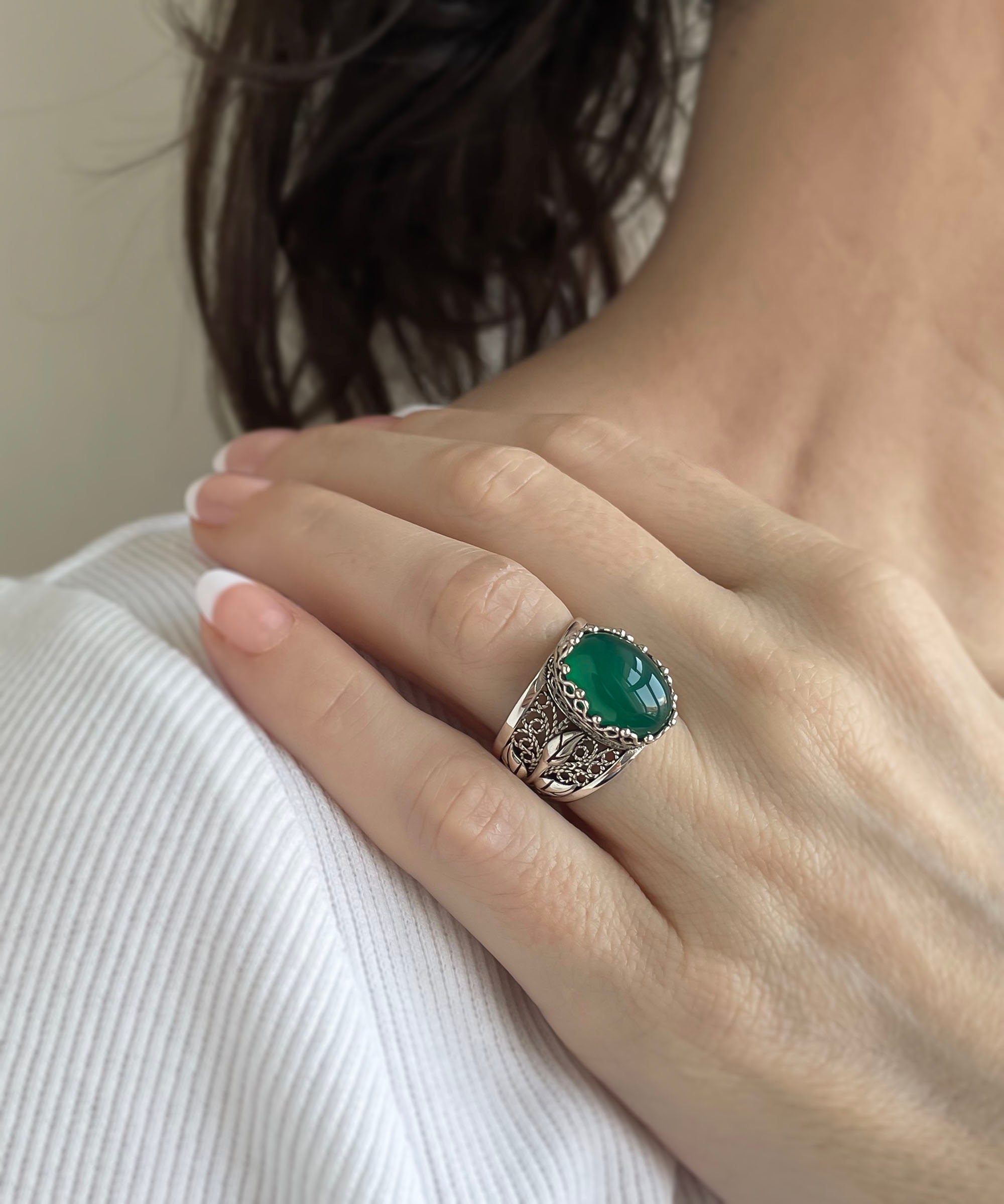 Green Agate Silver Floral Tulip Statement Ring, 925 Sterling