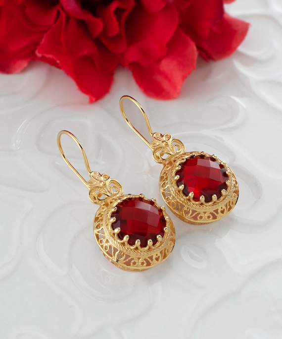 Gold Ruby Boho Silver Filigree Drop Earrings, 925… - image 9