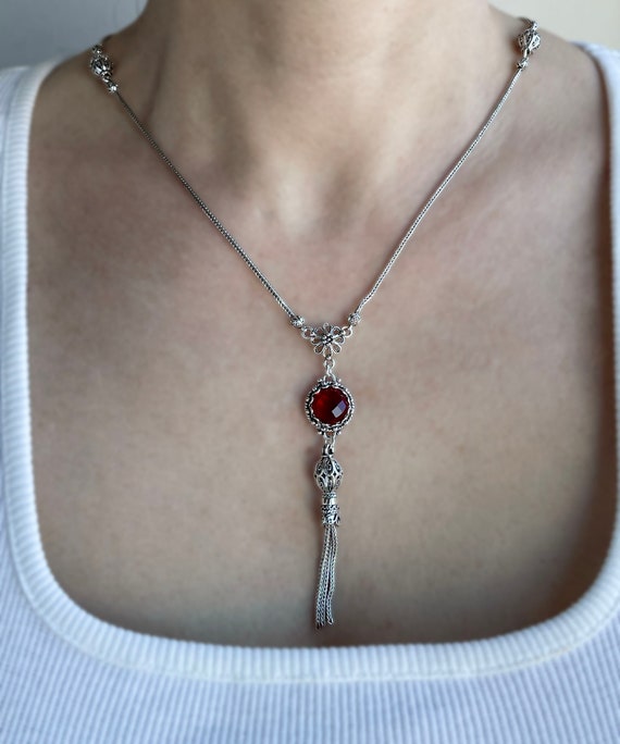 Ruby Silver Long Tassel Gothic Women Necklace, 92… - image 3