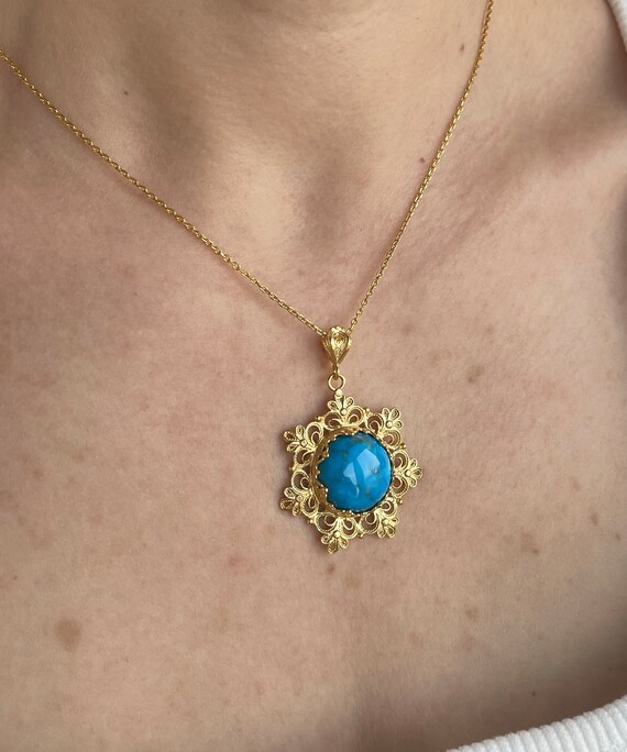 Gold Turquoise Boho Floral Silver Pendant Necklac… - image 6