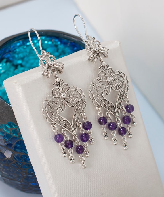 Boucles D'oreilles Cœur En Argent 925 Et Améthyste Naturelle - Pierres Violettes Sans Traitement - Neuf Sans Emballage