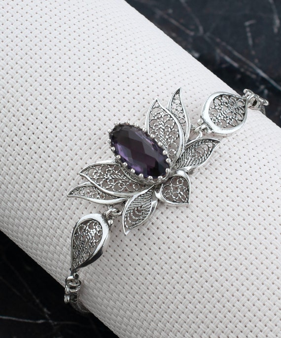 Bracelet Manchette En Argent Sterling 925 Avec Améthystes - Réglable - Fait Main En Inde - Neuf