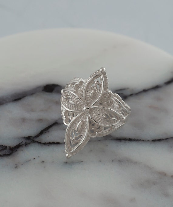 925 Sterling Silver Vintage Style Boho Cross Ring, Artisan Handmade Filigree Unisex Cross Ring, White Rhodium Plated Religious Jewelry