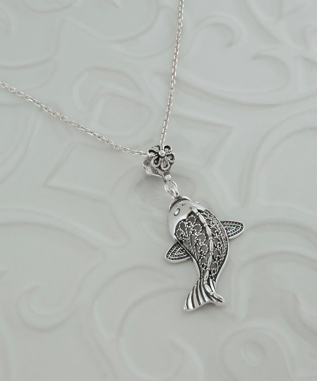 Sterling Silver Goldfish Koi Fish Pendant Necklace, Artisan Handmade