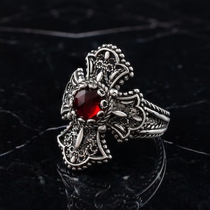 Ruby Silver Gothic Medieval Cross Ring, 925 Sterling Silver Red Quartz Handmade Filigree Unisex Celtic Cross Ring, Christian Gift Ring