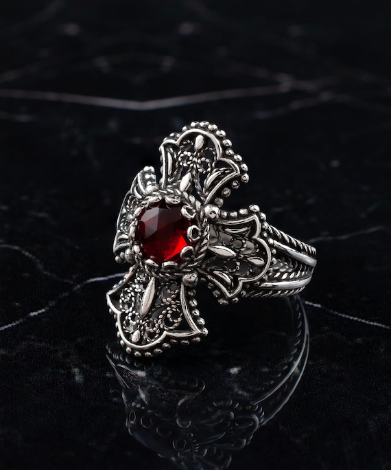 Ruby Silver Gothic Medieval Cross Ring, 925 Sterling Silver
