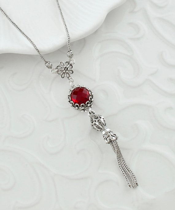 Ruby Silver Long Tassel Gothic Women Necklace, 92… - image 5