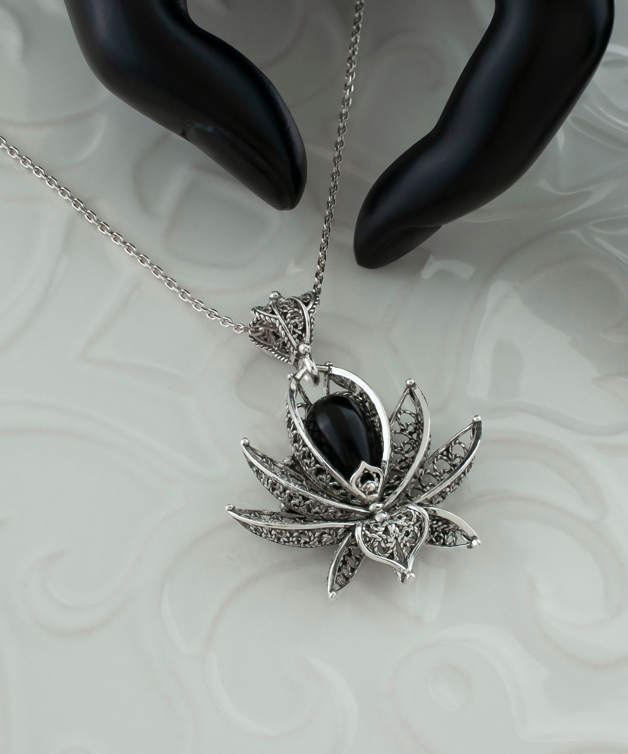 Black Onyx Silver Gothic Lotus Pendant Necklace, 925