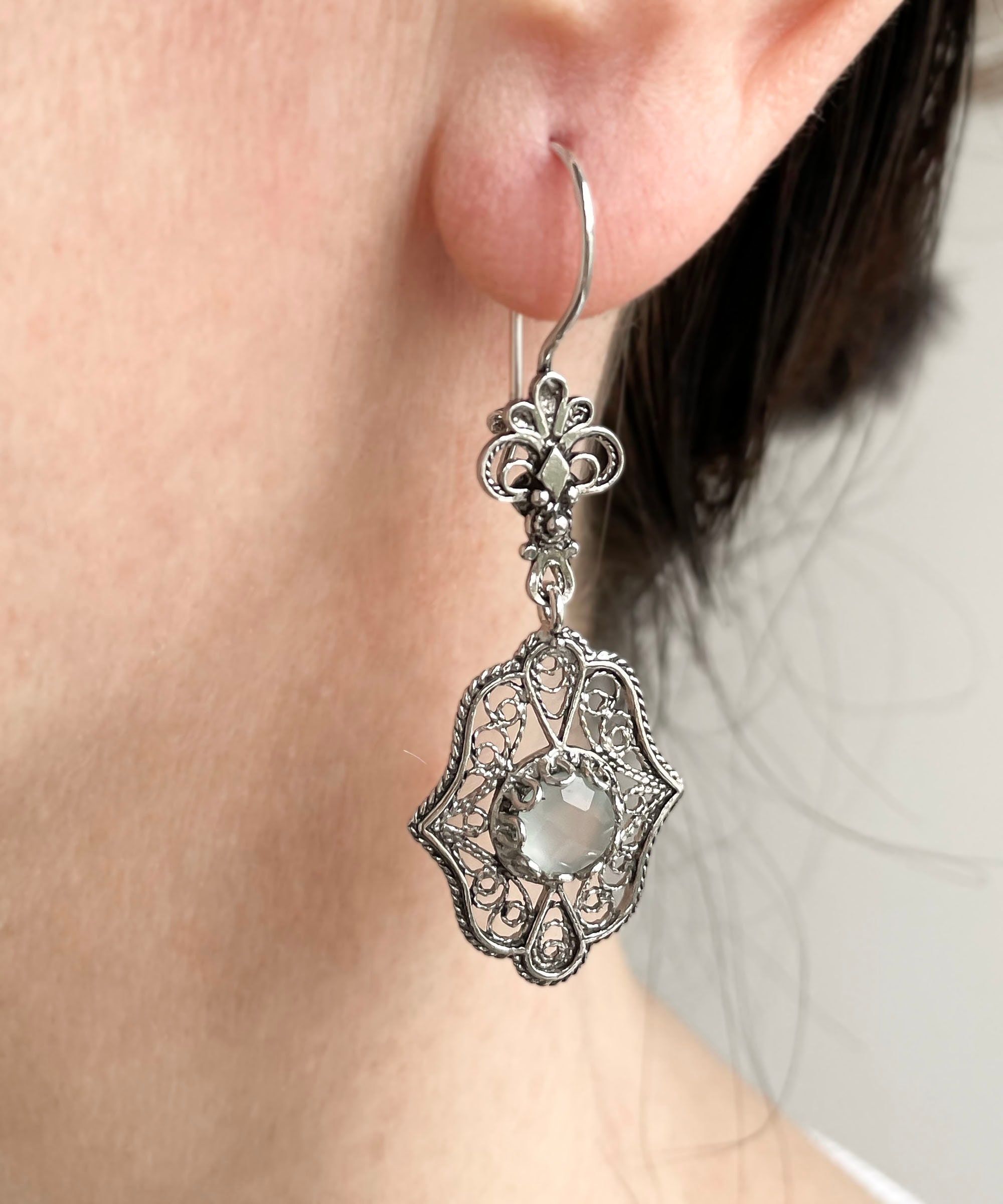 Filagree Earrings in Silver/Aqua Chalcedony Filagree Earrings in Silver/Aqua Chalcedony