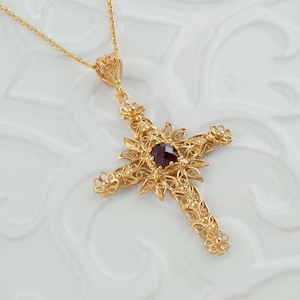 Ruby Corundum Gold Handmade Silver Cross Pendant Necklace, 925 Sterling Silver 18K Gold Plated Filigree Fancy Floral Holy Cross Jewelry