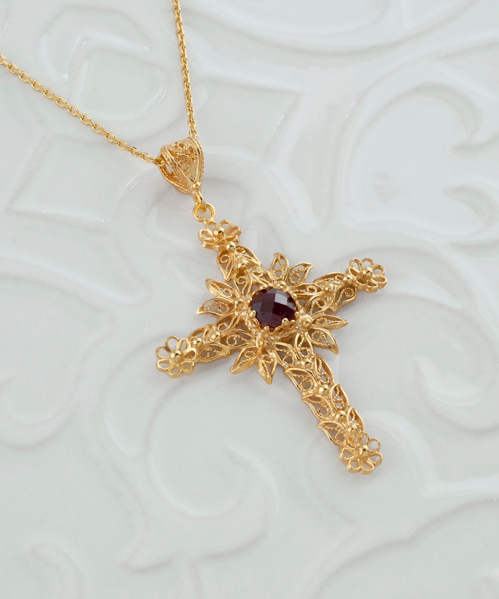 Ruby Corundum Gold Handmade Silver Cross Pendant Necklace, 925 Sterling Silver 18K Gold Plated Filigree Fancy Floral Holy Cross Jewelry