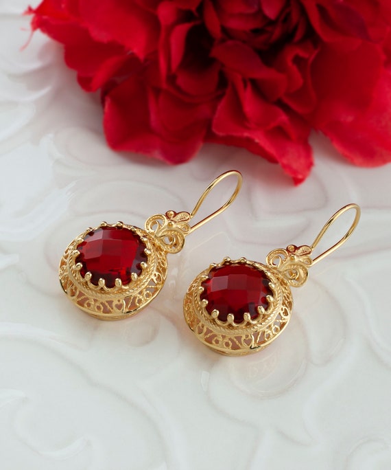 Gold Ruby Boho Silver Filigree Drop Earrings, 925… - image 8