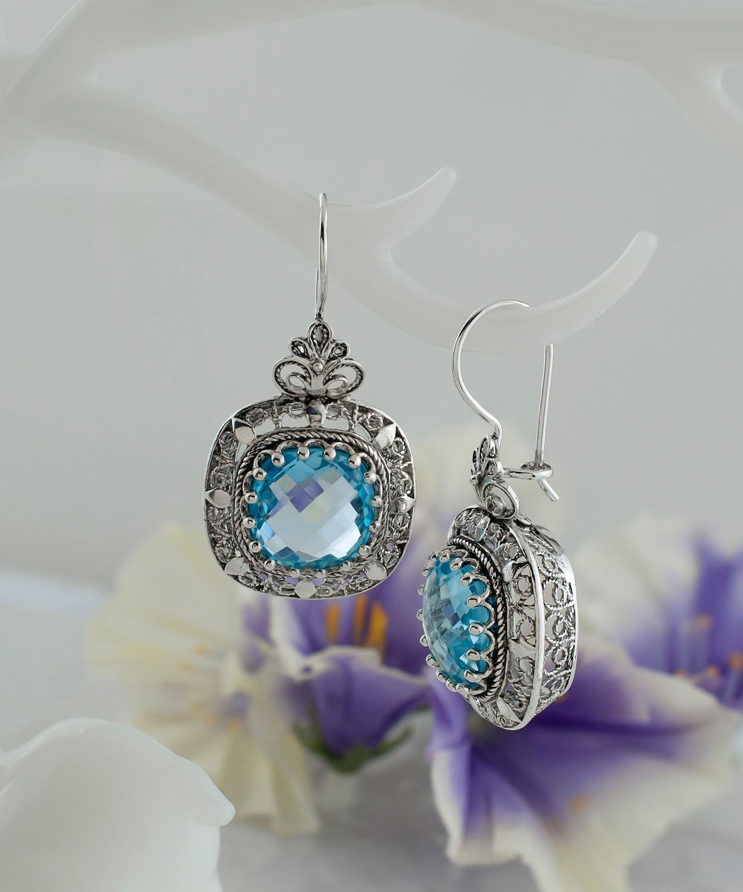 Buy Sky Blue Topaz Silver Boho Statement Drop Earrings, 925