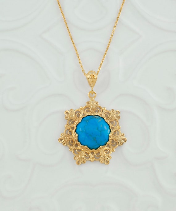 Gold Turquoise Boho Floral Silver Pendant Necklac… - image 5