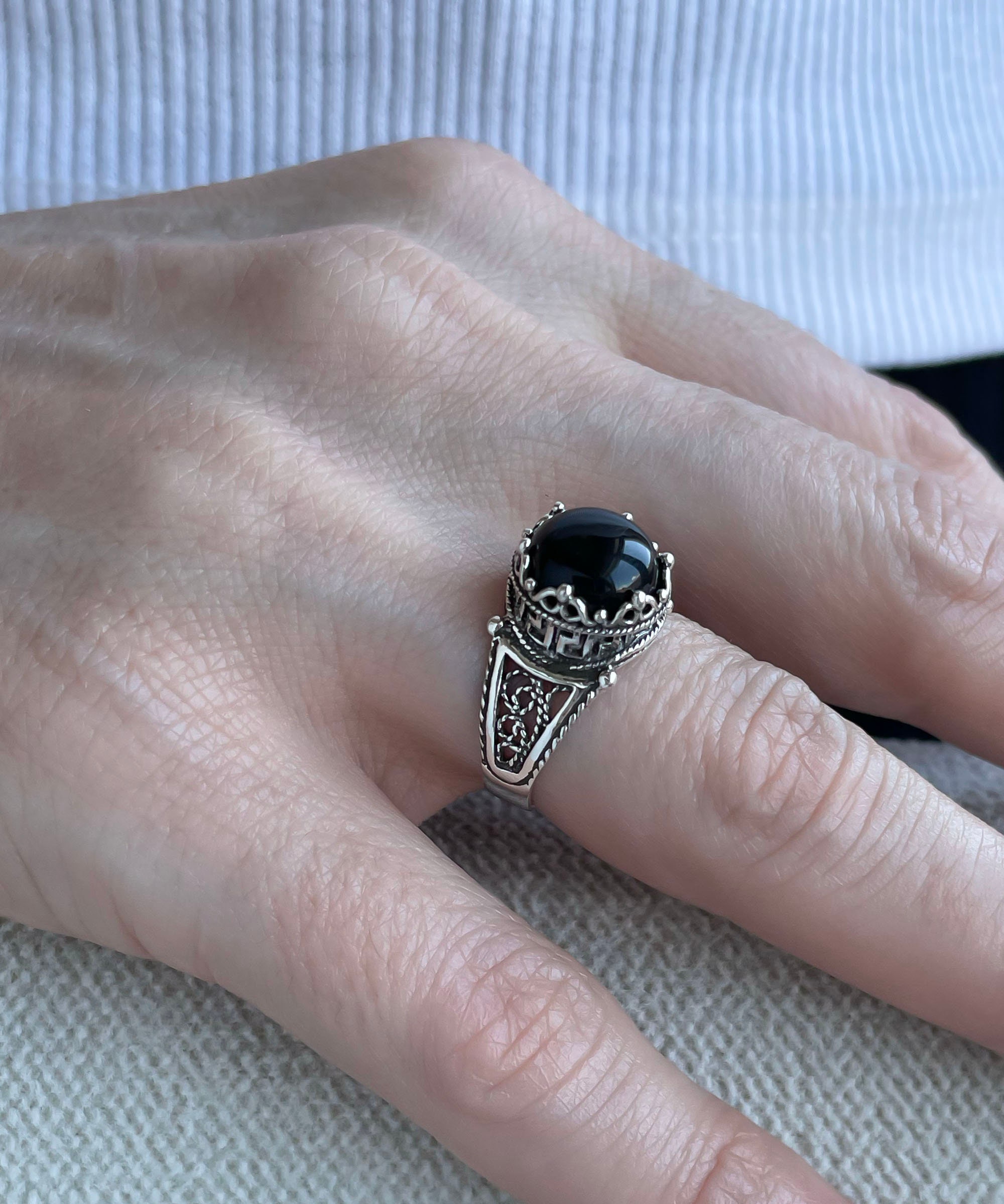 Black Onyx Silver Gothic Filigree Ring, 925 Sterling Silver
