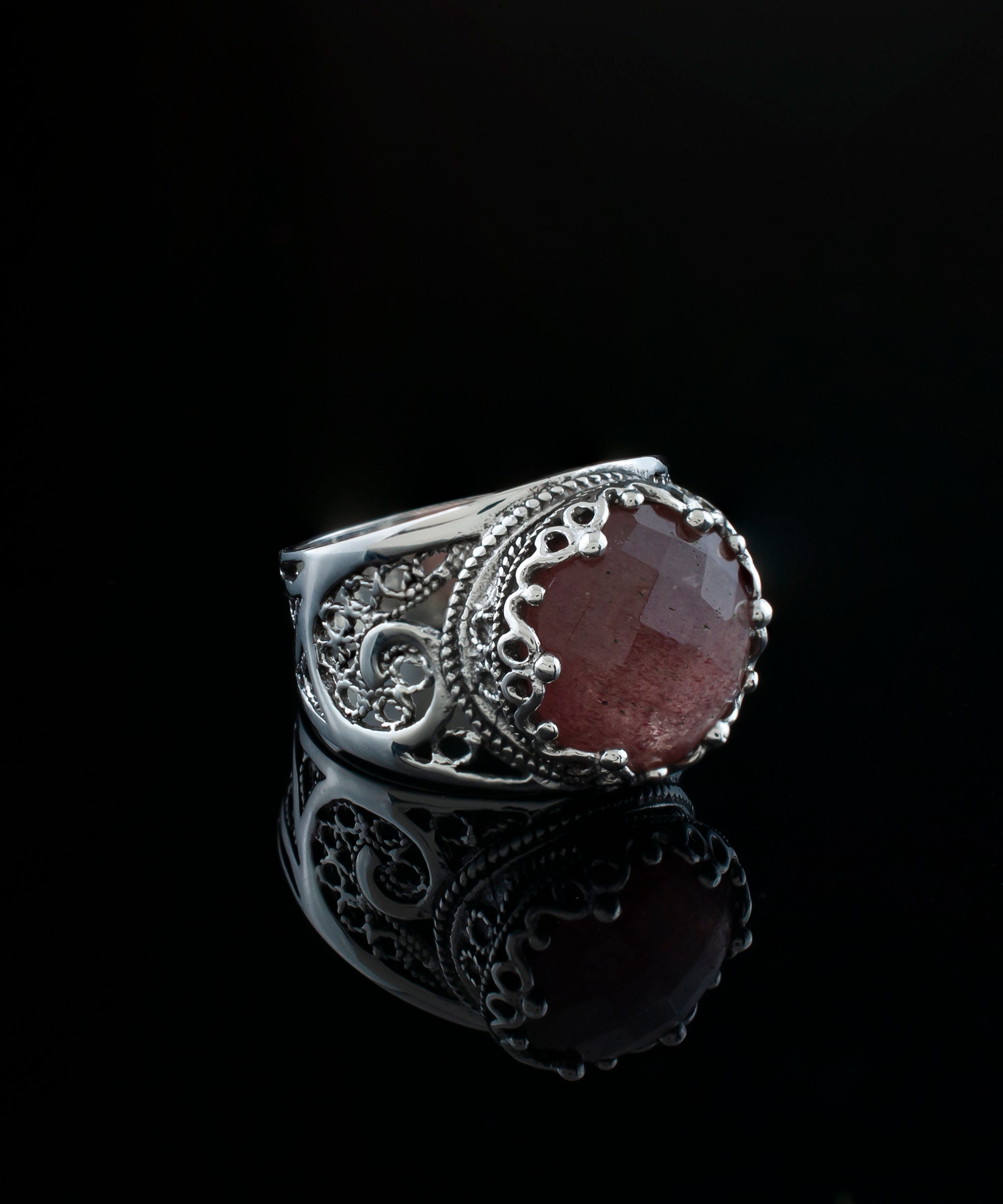 Black Onyx Silver Filigree Gothic Dark Star Ring, 925